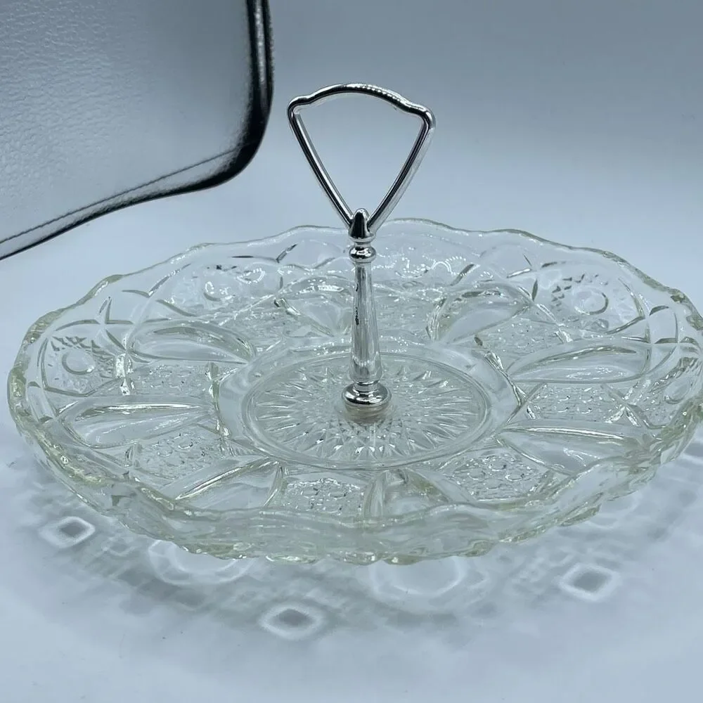 Fostoria Tiara glass single-tier serving tray scalloped edge silver colored hand